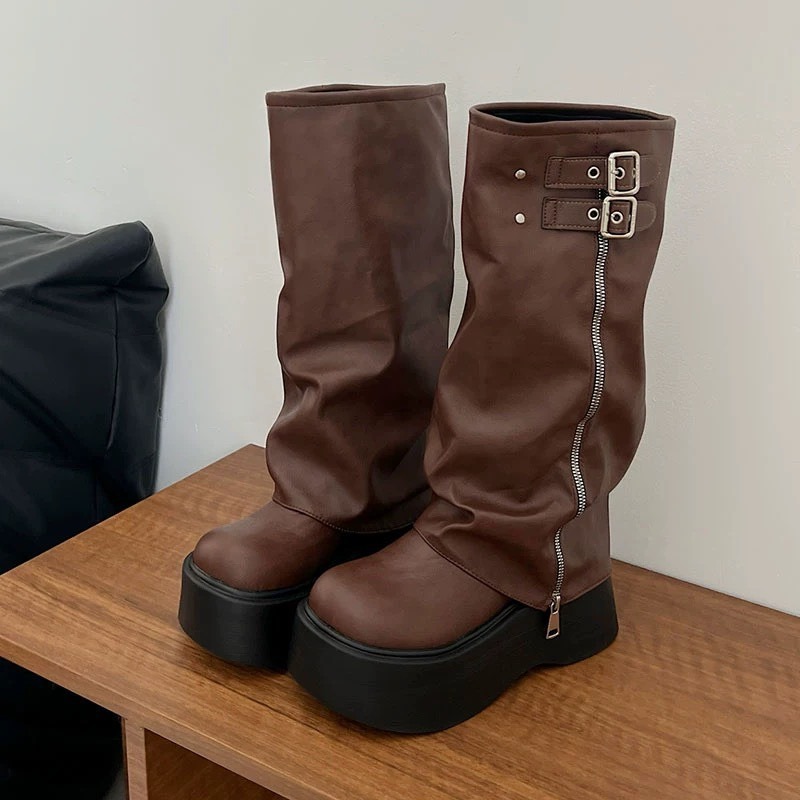 C 大頭厚底褲管靴 秋冬新款必備 增高拉鏈 鋸齒底靴 不過膝長靴騎士靴 出國必備-規格圖9