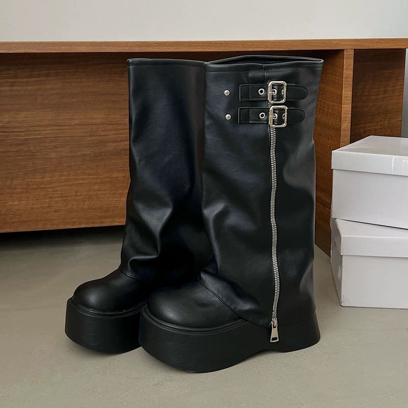 C 大頭厚底褲管靴 秋冬新款必備 增高拉鏈 鋸齒底靴 不過膝長靴騎士靴 出國必備-規格圖9