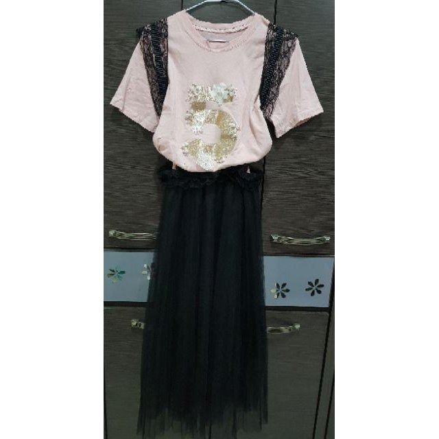 立體花朵珍珠5號短袖T恤搭配肩帶高腰浪漫紗裙 雪紡蕾絲肩帶紗裙 T恤 雪紡紗裙-細節圖6