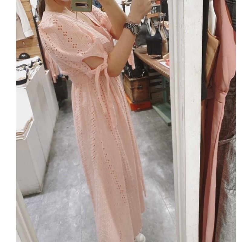 韓版浪漫粉色雪紡鈕扣蝴蝶結開衩連身長裙 連身洋裝 連身套裝 長裙-細節圖2