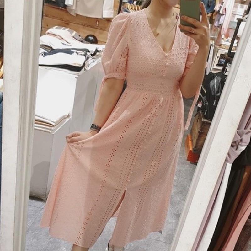 韓版浪漫粉色雪紡鈕扣蝴蝶結開衩連身長裙 連身洋裝 連身套裝 長裙-細節圖3