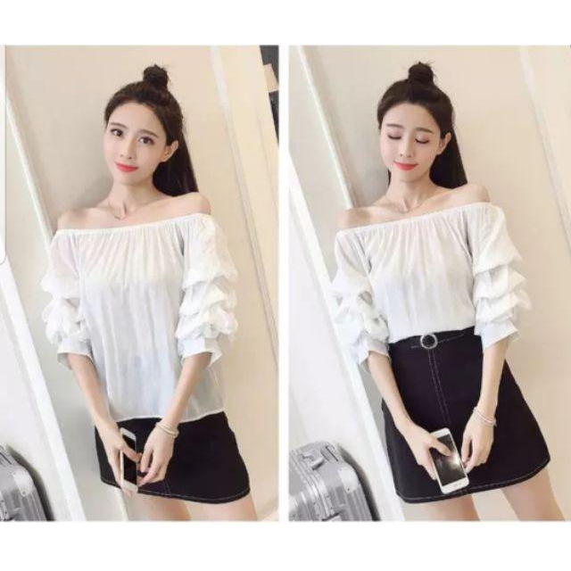 一字領蛋糕袖百搭上衣  露肩 蛋糕 素面白色 一字領-細節圖2