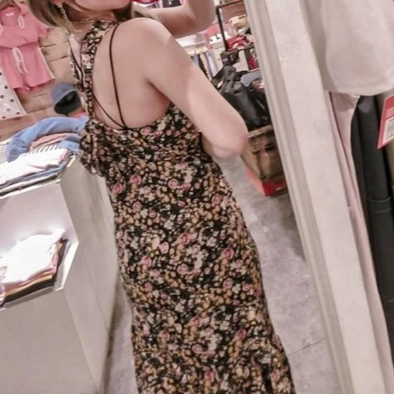 雪紡花朵挖背雪紡連身長裙 連身洋裝 連身長裙 開衩長裙-細節圖2