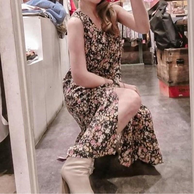 雪紡花朵挖背雪紡連身長裙 連身洋裝 連身長裙 開衩長裙-細節圖3