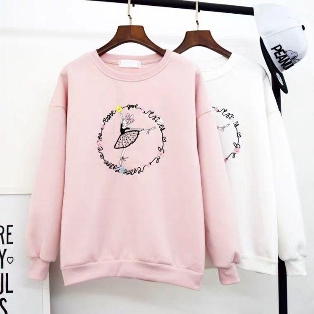 素白色芭蕾女孩刺繡刷毛大學T 水鑽 花朵 上衣 大學生 白色 刷毛 粉色 可愛甜美 少女孩甜美冬季女生上衣-細節圖2