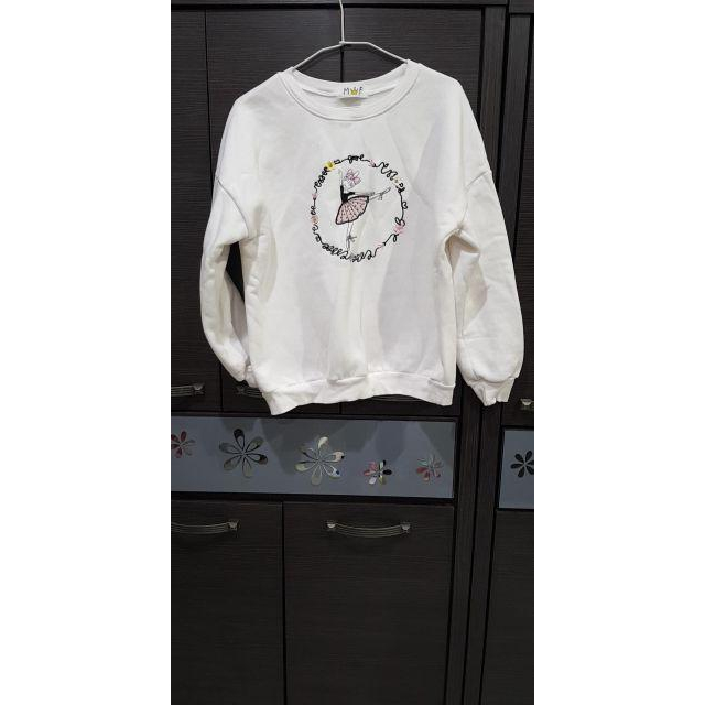 素白色芭蕾女孩刺繡刷毛大學T 水鑽 花朵 上衣 大學生 白色 刷毛 粉色 可愛甜美 少女孩甜美冬季女生上衣-細節圖6