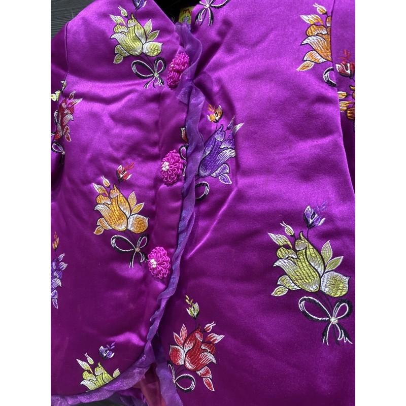 超暖刺繡蕾絲鈕扣棉襖 兒童外套 短版外套 長袖外套 鋪面 保暖 紫色貴氣-細節圖3