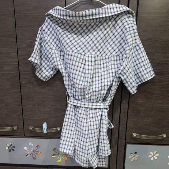 全新性感露肩細肩帶鈕扣格紋襯衫感連身短褲 連身褲 蕾絲 綁帶 蝴蝶結 顯瘦 超性感-細節圖3