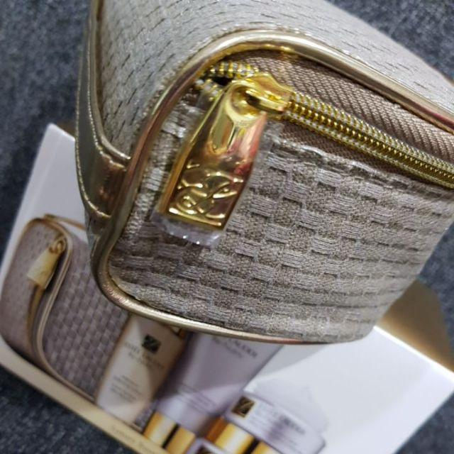 ESTEE LAUDER Cosmetic Bag 雅詩蘭黛化妝包 灰色金邊 手提小包 化妝包 首飾包 拉鍊 零錢包-細節圖4