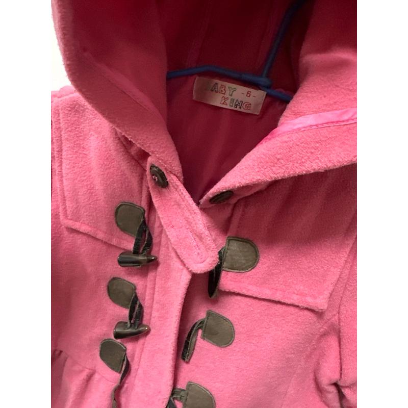 BABYKING兒童牛角扣粉色連帽長版外套/約110公分兒童外套/毛呢連帽保暖外套-細節圖2