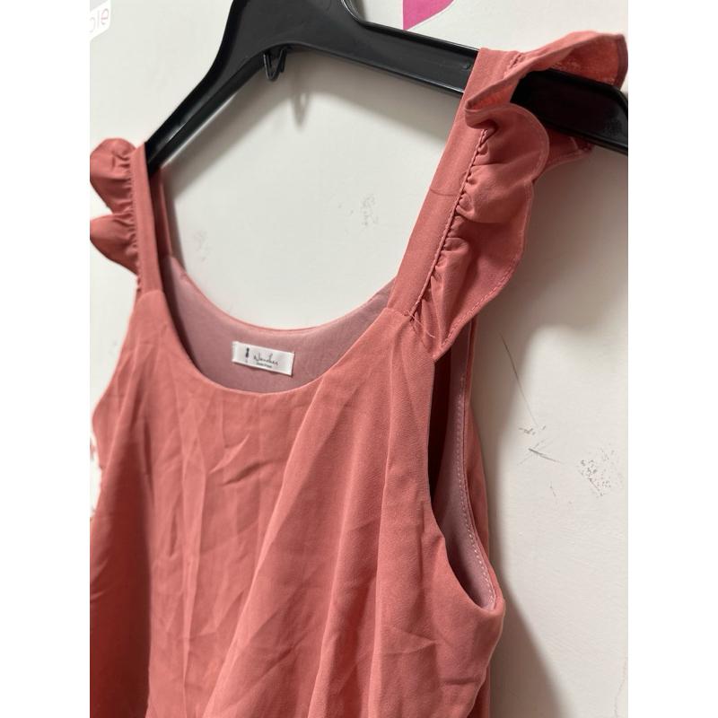 全新韓版玫瑰粉荷葉肩帶口袋連身褲/無袖連身寬褲/可愛性感連身褲-細節圖2