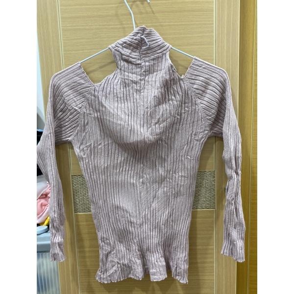 藕粉色性感繞脖子針織坦克紋短版上衣/保暖上衣/粉色顯瘦可愛超舒適/內裡/內搭-細節圖3