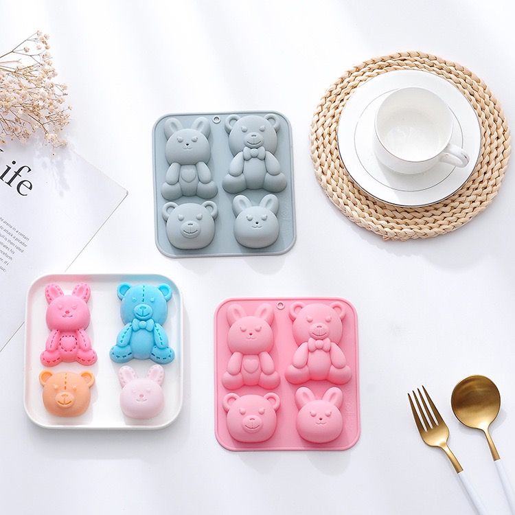 ［矽膠模具］可愛 小熊 小兔 縫線造型4連矽膠模具 烘焙 蛋糕 甜點 擴香石 蠟燭 手工皂 製作-細節圖2
