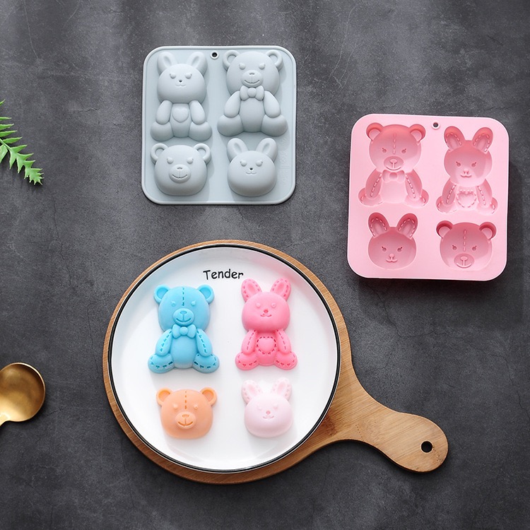 ［矽膠模具］可愛 小熊 小兔 縫線造型4連矽膠模具 烘焙 蛋糕 甜點 擴香石 蠟燭 手工皂 製作-細節圖3