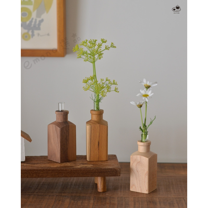 【emono選品】天然木 角形一輪插花瓶 含玻璃試管 日本進口 胡桃木.柚木.楓木 單一販售-細節圖2