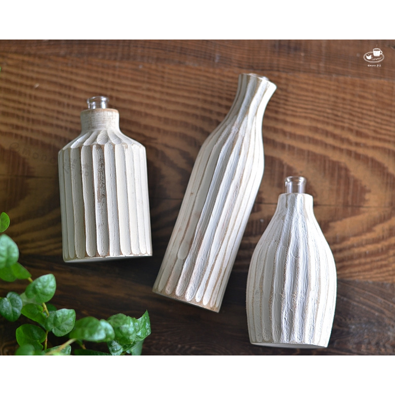 【emono選品】日本進口 天然實木手工刻紋小花瓶 一輪插花瓶 白色 花器 含試管 仿舊風格 現貨 單一販售-細節圖7