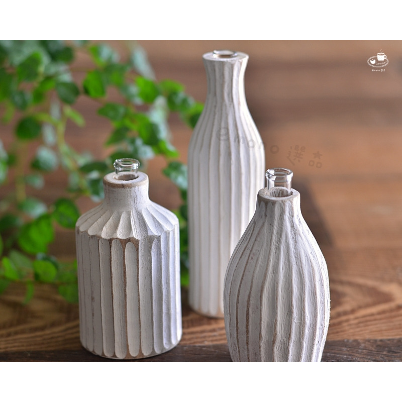 【emono選品】日本進口 天然實木手工刻紋小花瓶 一輪插花瓶 白色 花器 含試管 仿舊風格 現貨 單一販售-細節圖8