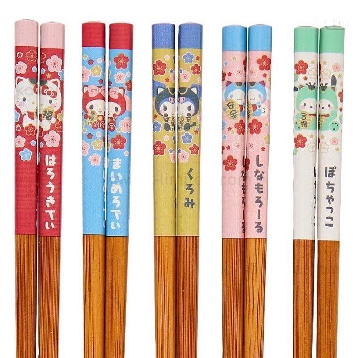 三麗鷗 角色招財貓天然竹筷五件組筷子-細節圖2