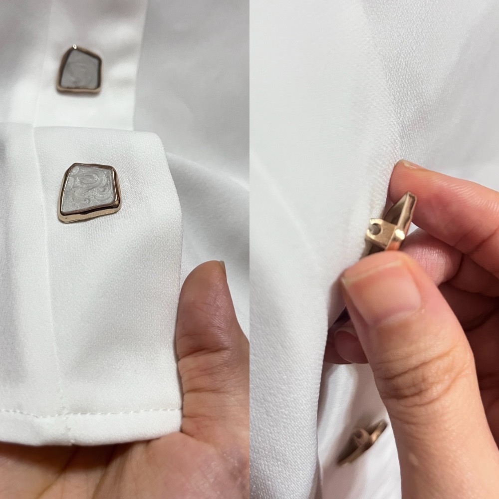 home shop白色高級感簡約不規則設計金屬珠光扣無袖雪紡上衣-細節圖4