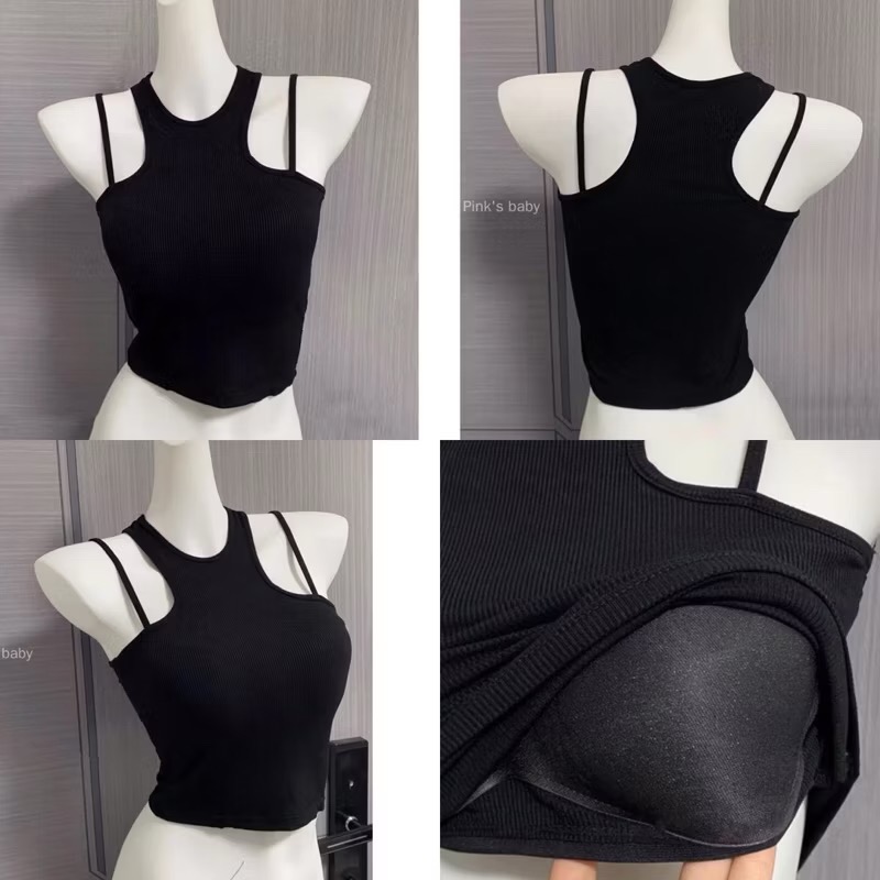 bar top手捧杯軟彈滑棉質挖背+削肩+細肩帶小可愛小背心-細節圖3