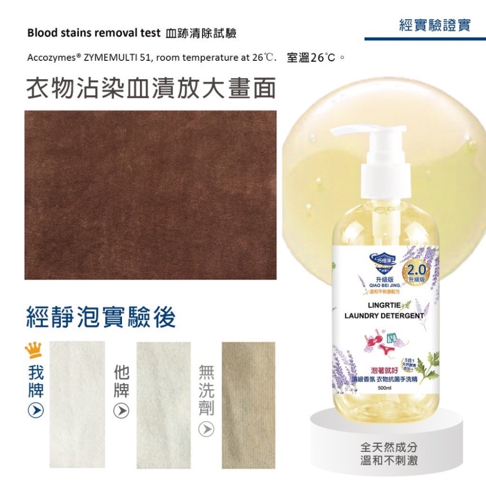 巧倍淨 泡著就好! 5合1天然酵素 頂級香氛衣物抗菌手洗精 500ml 內衣褲手洗精 全新版2.0薰衣草香調-細節圖10