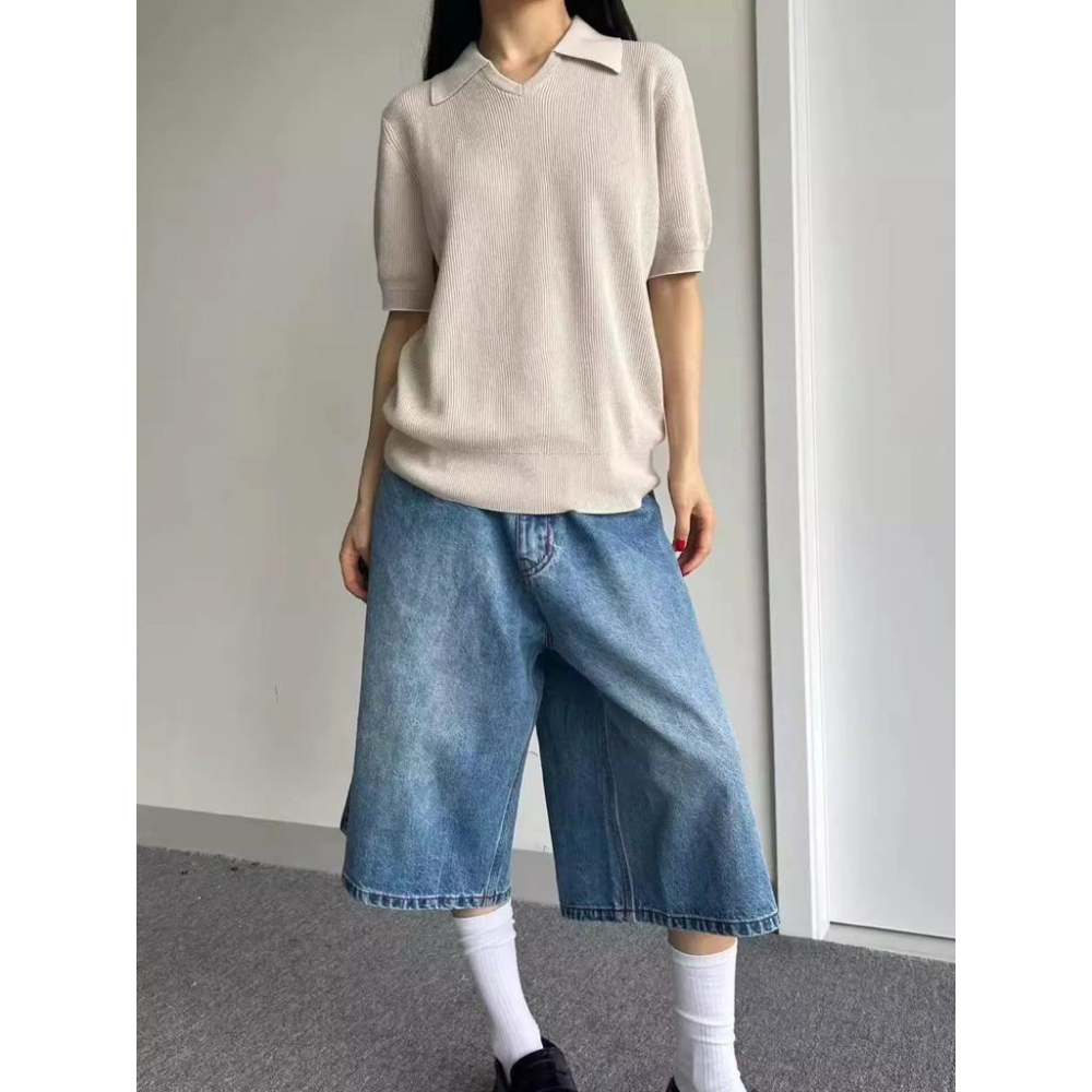 【ERL】25SS 紅線復古闊腿七分牛仔褲S號 / Baggy Pants-細節圖5