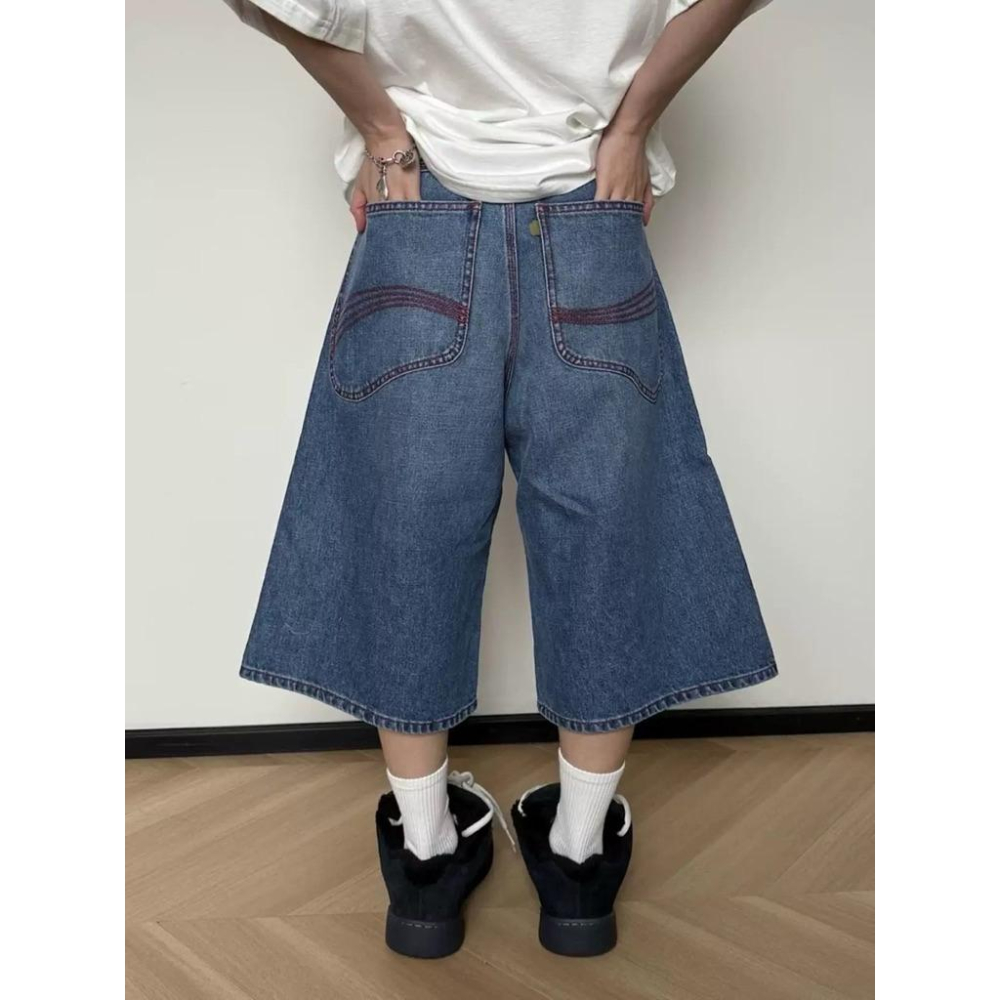 【ERL】25SS 紅線復古闊腿七分牛仔褲S號 / Baggy Pants-細節圖6