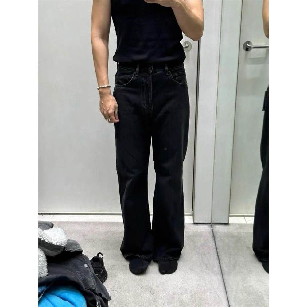 AC風格 29腰 黑色2021M款 水洗做舊牛仔褲｜中高腰微喇叭｜寬鬆顯瘦牛仔長褲｜二手95新-細節圖3