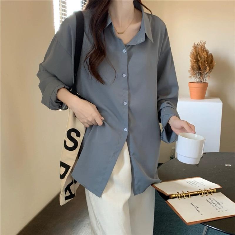 素色滑面襯衫 現貨 襯衫 襯衫女 女生襯衫 長袖襯衫-細節圖3