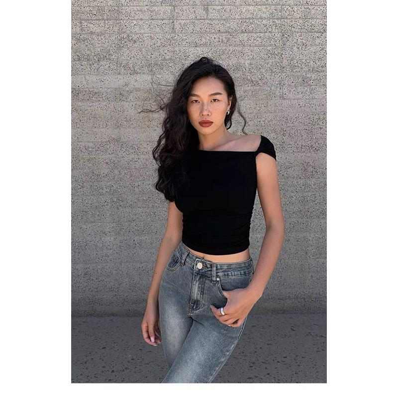 （m號）黑色斜領露肩T恤 修身短款斜肩上衣-細節圖2