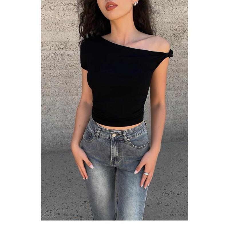 （m號）黑色斜領露肩T恤 修身短款斜肩上衣-細節圖3