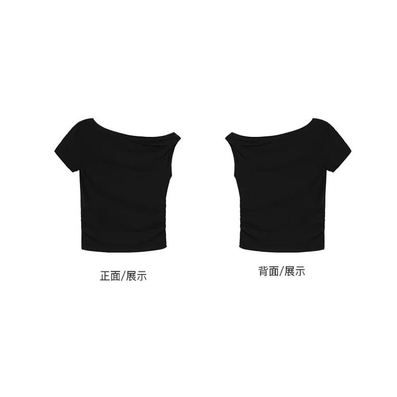 （m號）黑色斜領露肩T恤 修身短款斜肩上衣-細節圖4