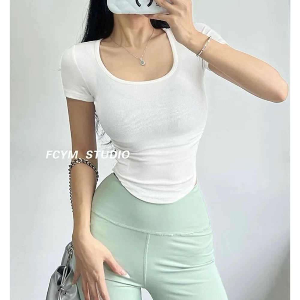 全新M號美式復古方領緊身褶皺收腰純色短袖T恤 露腰打底上衣-細節圖2