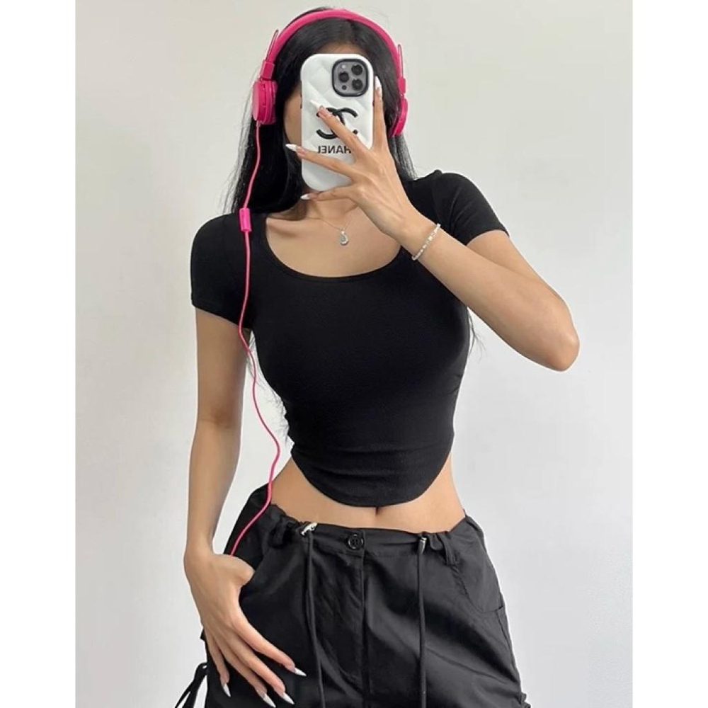 全新M號美式復古方領緊身褶皺收腰純色短袖T恤 露腰打底上衣-細節圖4