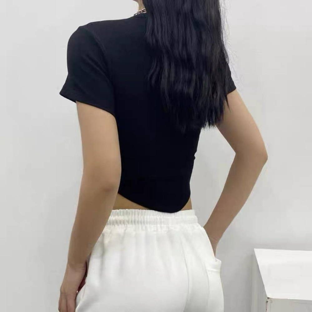 全新M號美式復古方領緊身褶皺收腰純色短袖T恤 露腰打底上衣-細節圖6