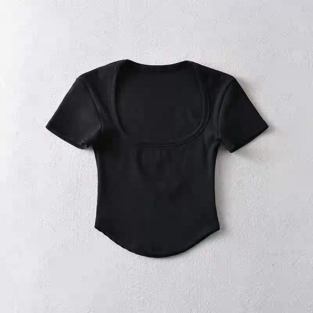 全新M號美式復古方領緊身褶皺收腰純色短袖T恤 露腰打底上衣-細節圖7