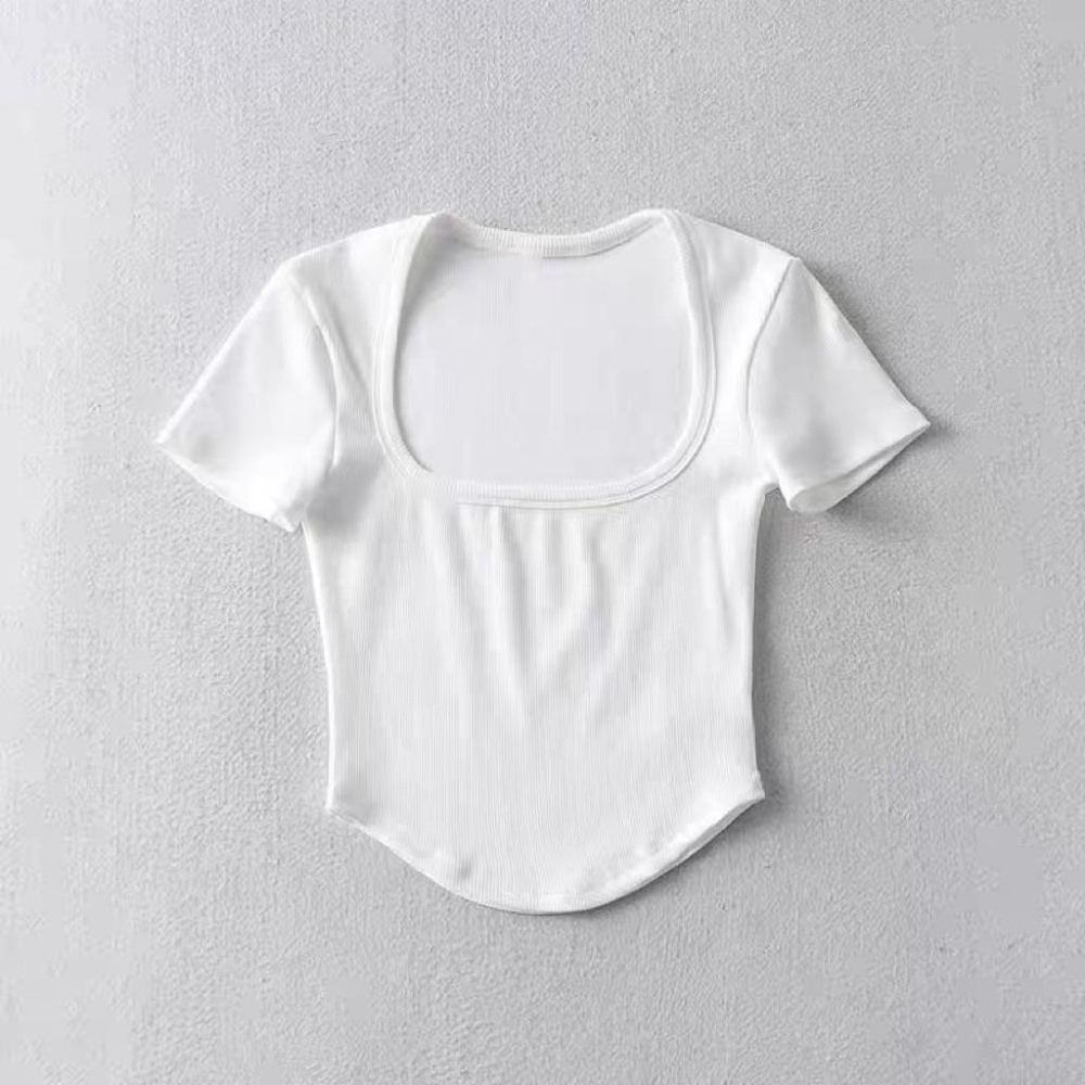 全新M號美式復古方領緊身褶皺收腰純色短袖T恤 露腰打底上衣-細節圖8