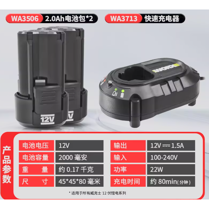 台北現貨 WORX 威克士 12V威克士電池 充電器  WA3506 WA3713 電池包 綠標 鋰電池-規格圖4