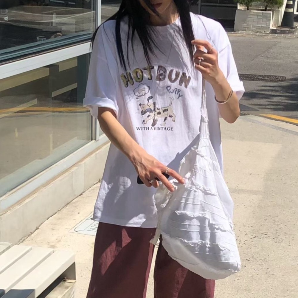 ＞HOT BUN＜手繪蠟筆小狗寬鬆短T-水洗炭灰-細節圖2