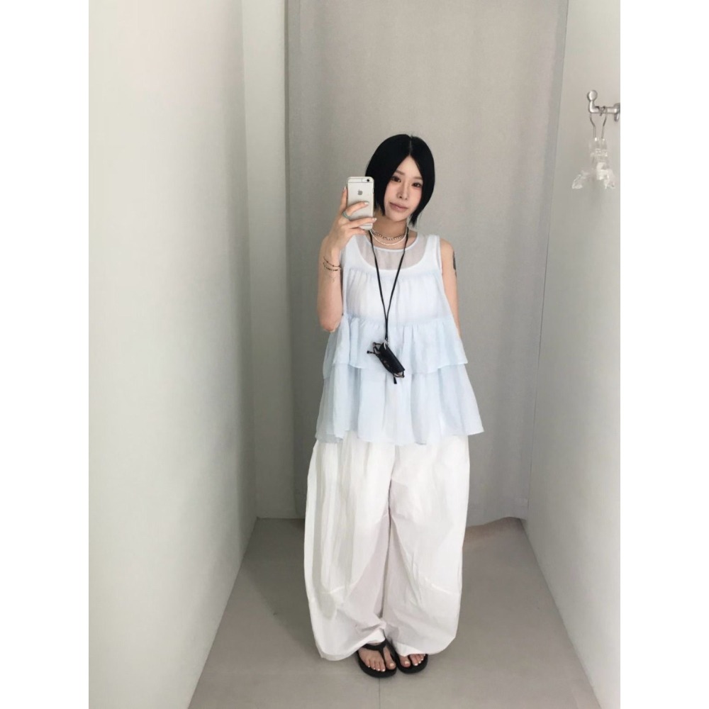 ＞亞麻人造絲＜抓褶花苞縮口燈籠褲３色-細節圖4
