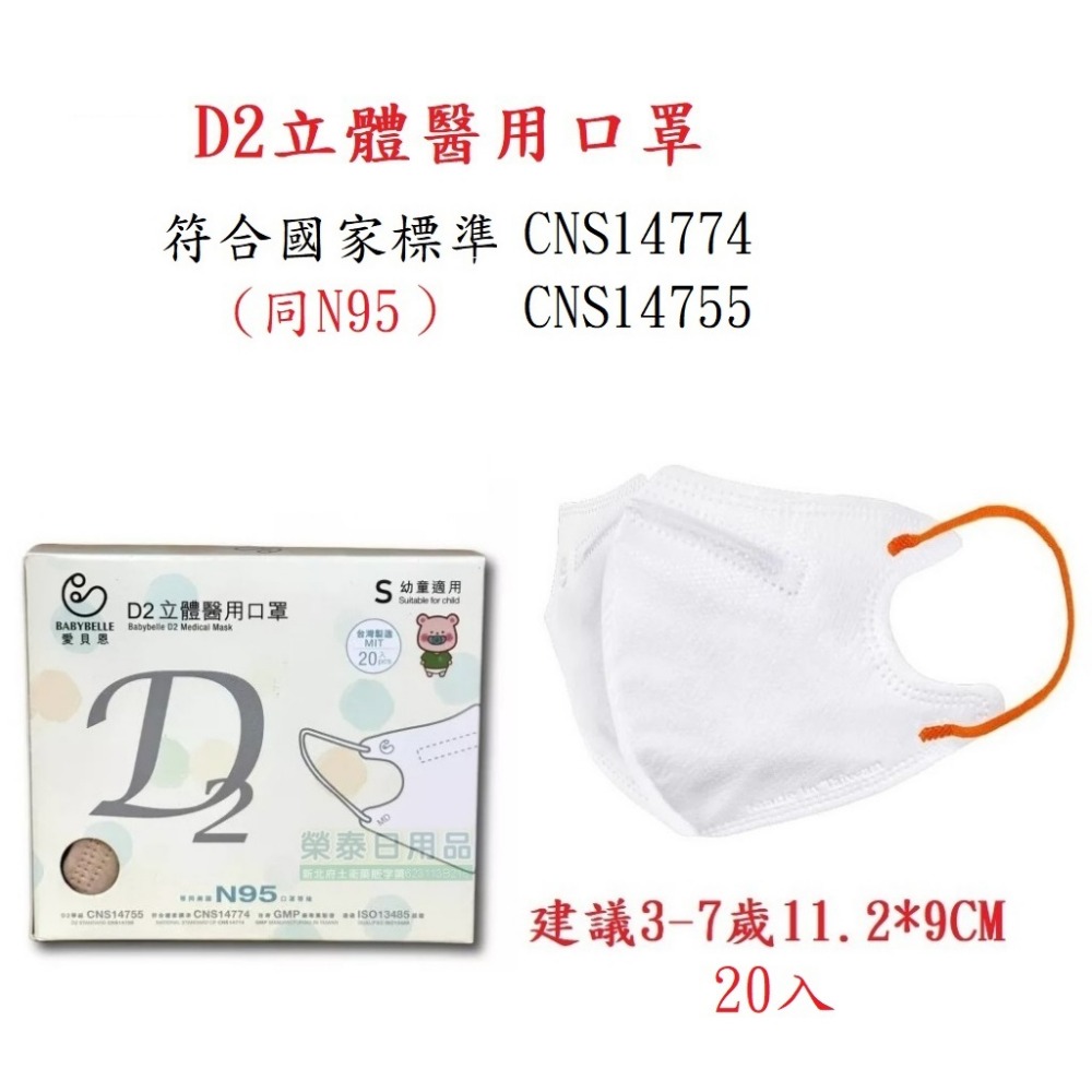 【榮泰日用品】愛貝恩TN95醫用口罩 愛貝恩D2口罩 韓版口罩KF94 D2立體口罩 愛貝恩兒童立體  3D立體口罩-規格圖5