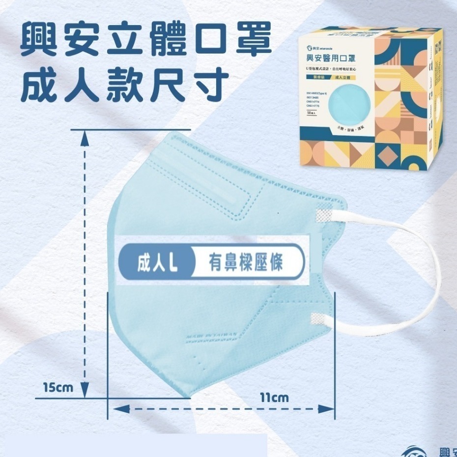 **興安立體醫用口罩** 興安口罩 興安3D口罩 成人/成人加大 興安3D醫用口罩  3D醫療口罩 成人XL口罩-細節圖2