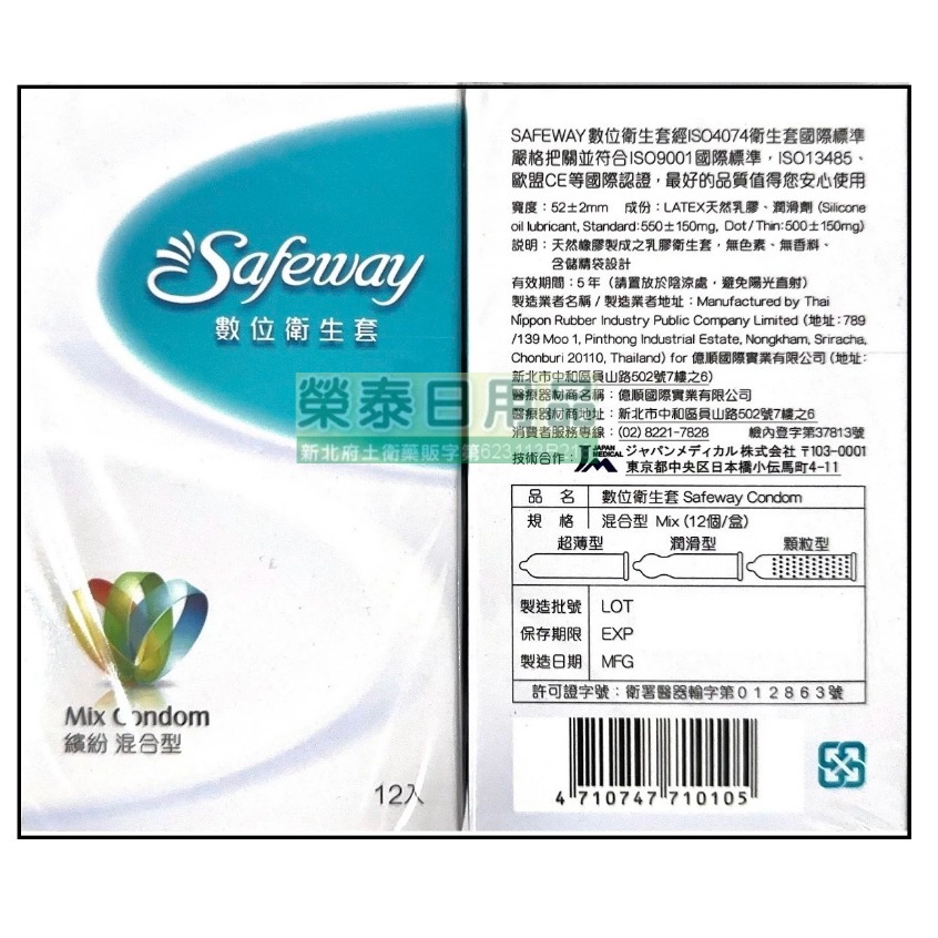 【榮泰日用品】Safeway 數位保險套12入裝 顆粒/螺紋/環紋/衛生套 Safeway保險套 舒位保險套-規格圖4