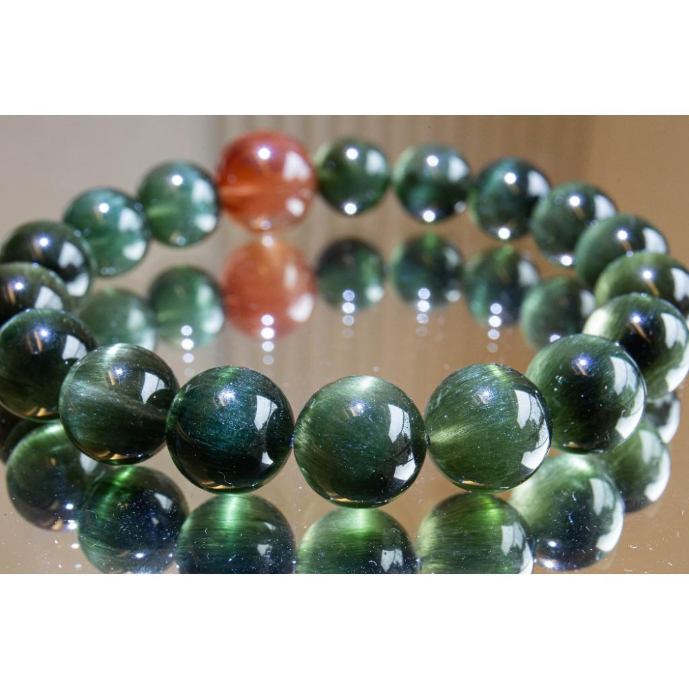 【貓眼綠髮晶】11.6mm搭配14mm紅兔毛主珠✨事業招財必備｜旺正財與貴人運｜溫潤絲絨質感｜現貨實拍｜晶心書蘊-細節圖5