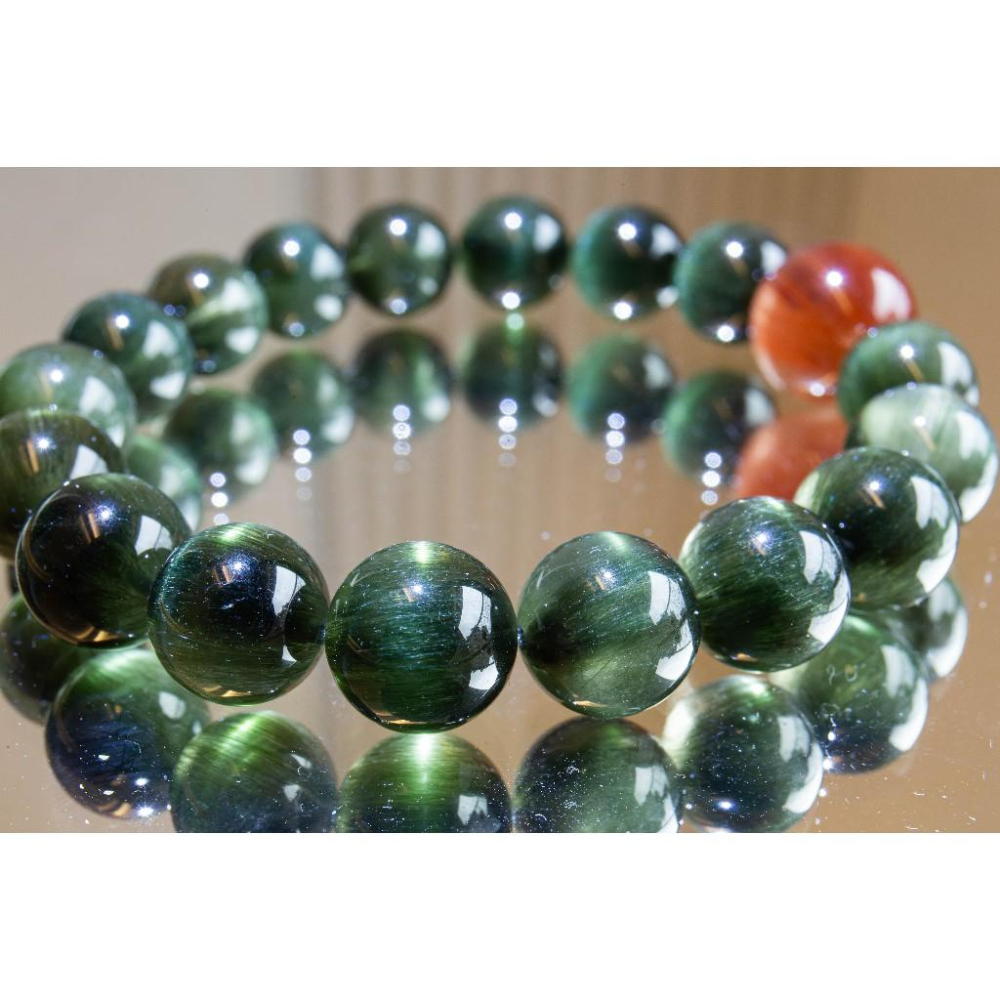 【貓眼綠髮晶】11.6mm搭配14mm紅兔毛主珠✨事業招財必備｜旺正財與貴人運｜溫潤絲絨質感｜現貨實拍｜晶心書蘊-細節圖7