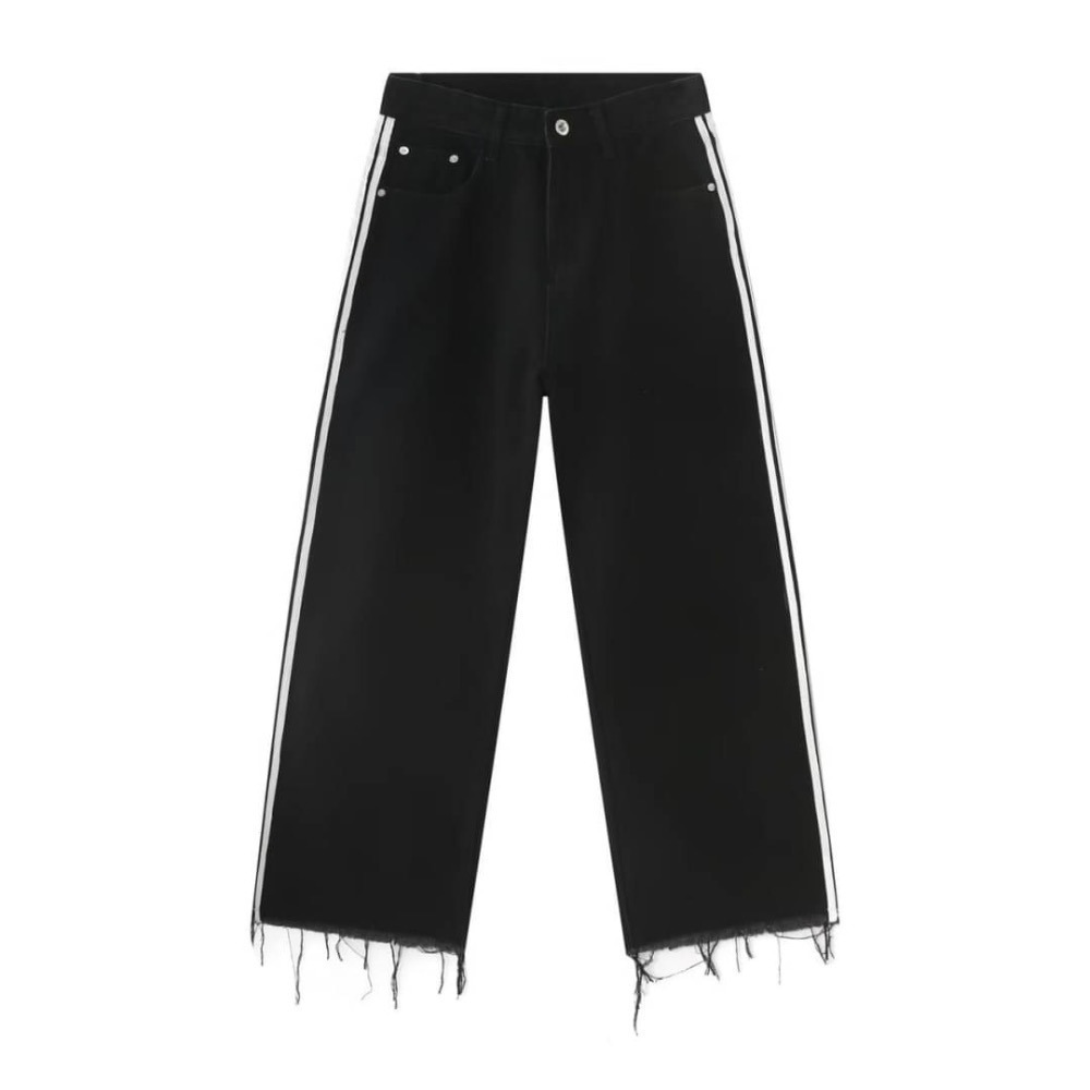 雙線不修邊牛仔長褲 男女皆可穿 oversize 男裝 女裝 工裝 褲子 休閒褲 闊腿褲 牛仔褲 牛仔黑褲-細節圖7