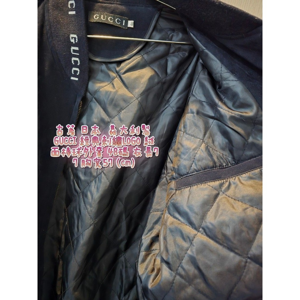 古著 日本 義大利製 GUCCI 經典刺繡LOGO 絨面棒球外套 48碼 衣長77 胸寬57 (cm)-細節圖2