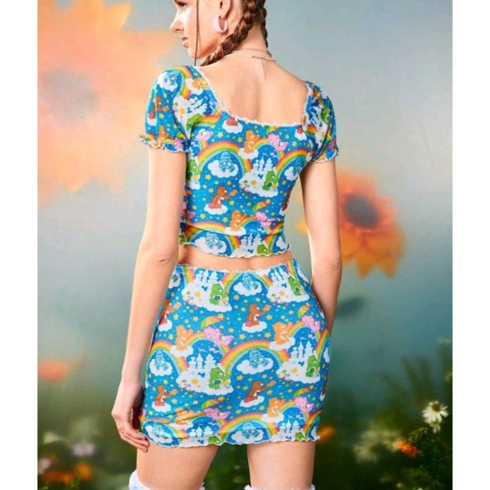 Care Bears 女性休閒卡通可愛短袖上衣與裙子套彩虹圖案套裝 尺寸xs-細節圖2