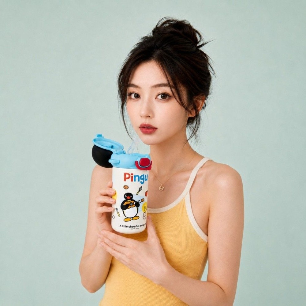 pingu企鵝家族 480ml 吸管 保溫杯 藍 黃 兩色可選-細節圖4
