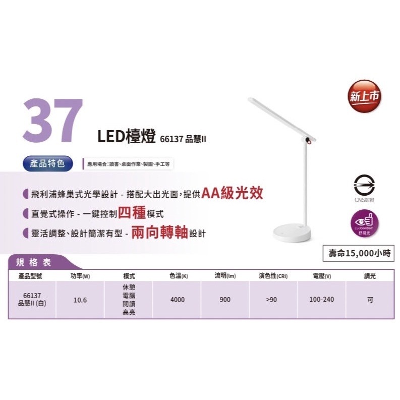 現貨 PHILIPS 飛利浦 LED 護眼檯燈 品慧 新款 四段 可調光檯燈 66137 檯燈-細節圖6